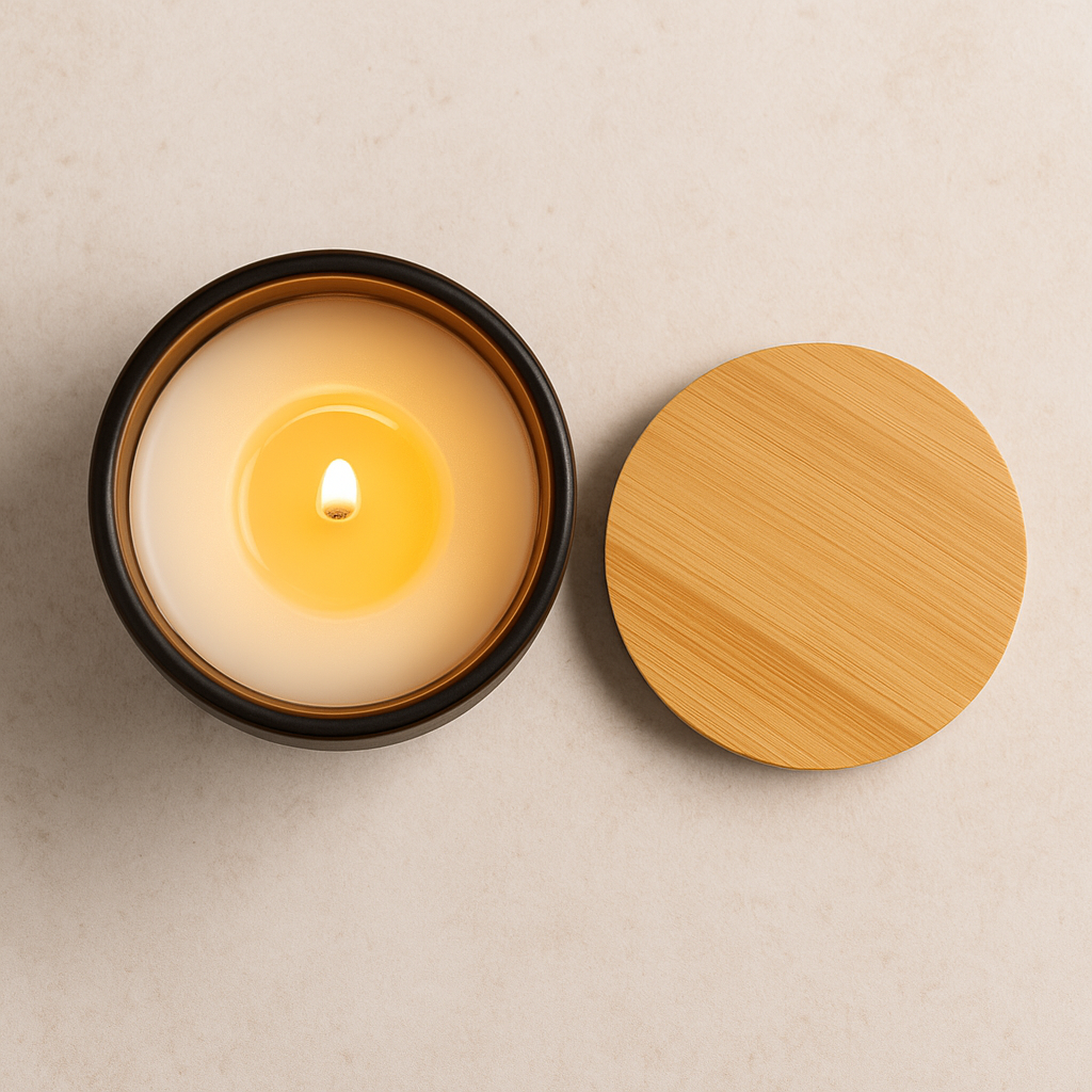 Scented soy candle in a frosted burnt amber glass jar with a bamboo lid and the Aisopos quote "No act of kindness, no matter how small, is ever wasted."