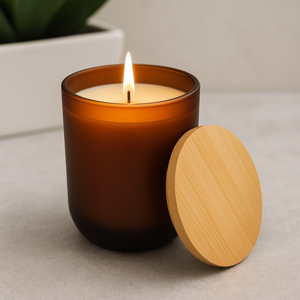 Scented soy candle in a frosted burnt amber glass jar with a bamboo lid and the Aisopos quote "No act of kindness, no matter how small, is ever wasted."