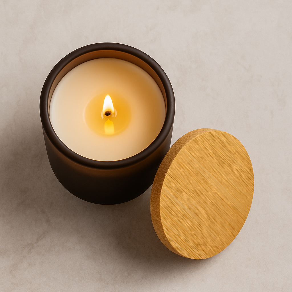 Scented soy candle in a frosted burnt amber glass jar with a bamboo lid and the Aisopos quote "No act of kindness, no matter how small, is ever wasted."