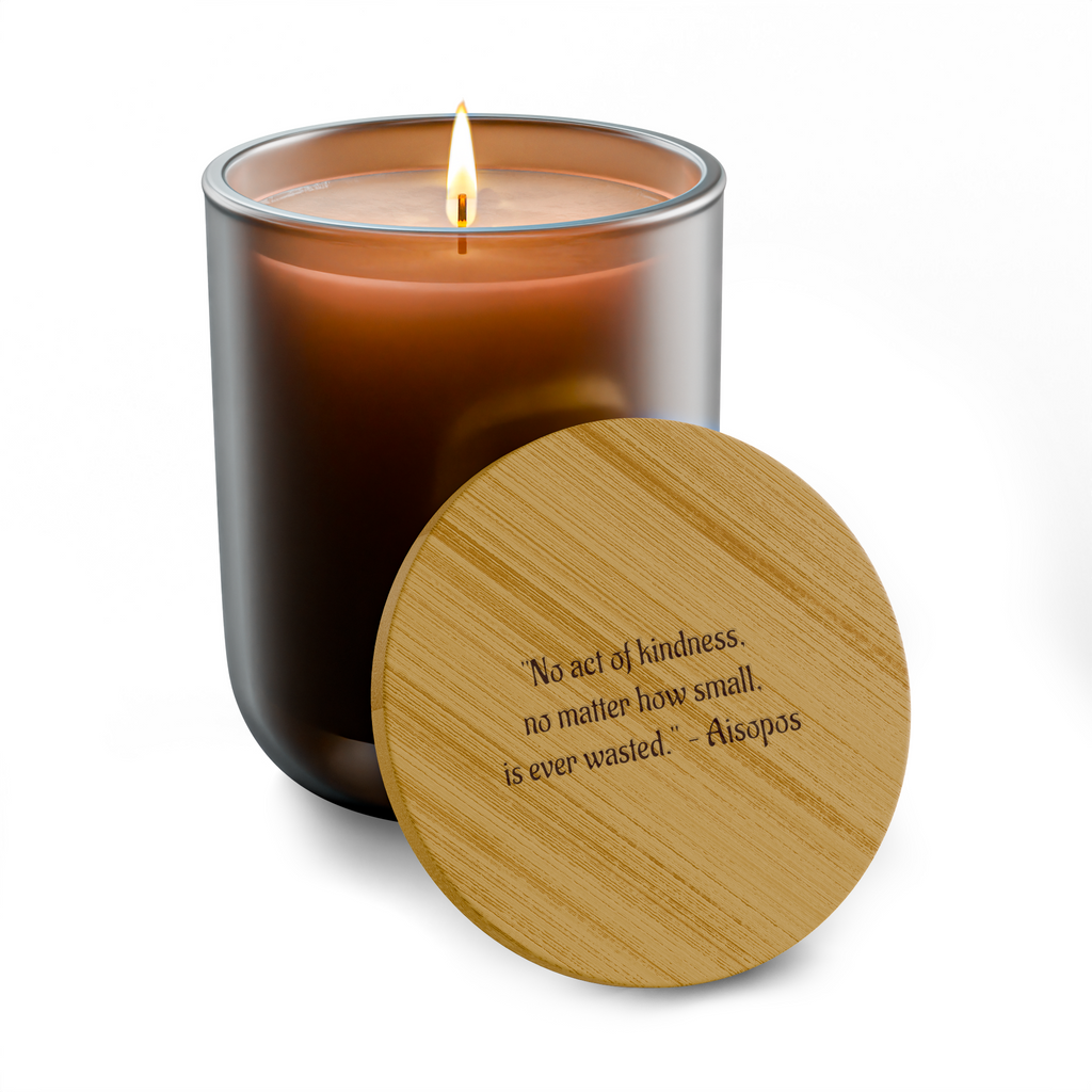 Scented soy candle in a frosted burnt amber glass jar with a bamboo lid and the Aisopos quote "No act of kindness, no matter how small, is ever wasted."