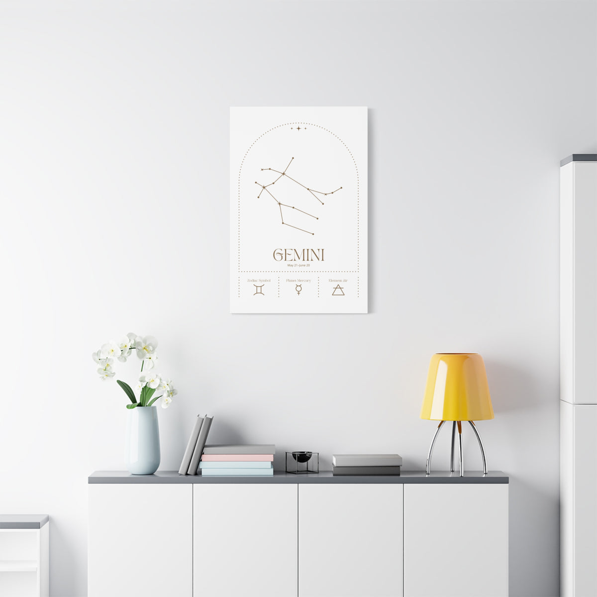 Gemini zodiac canvas wall art with a celestial, cosmic design – matte stretched canvas for home decor