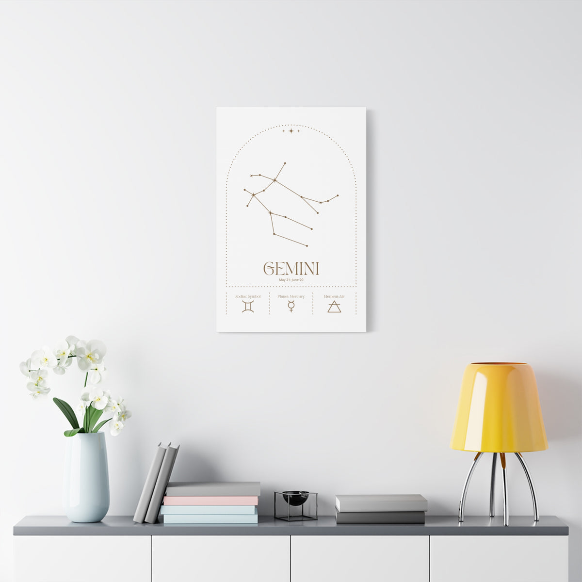 Gemini zodiac canvas wall art with a celestial, cosmic design – matte stretched canvas for home decor